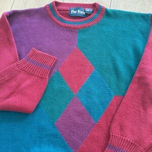 Vintage 90s Burgundy Argyle Color Block Geometric Diamond Pattern Sweater